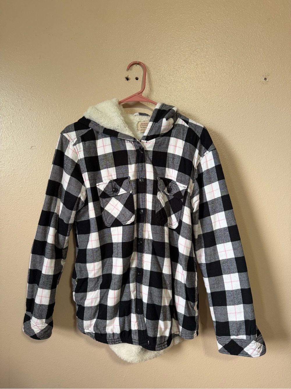 Boston Traders Black and White Plaid Sherpa-Lined Hooded Jacket